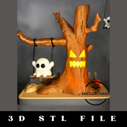 Ghost on Swing with Spooky Tree STL File