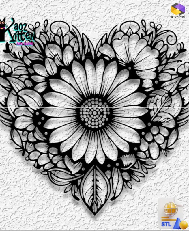Mandala Valentine's Day Heart with Sunflowers Wall Art STL File