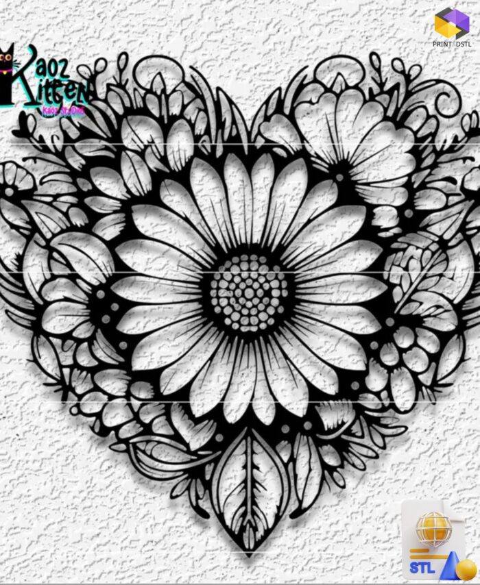 Mandala Valentine's Day Heart with Sunflowers Wall Art STL File