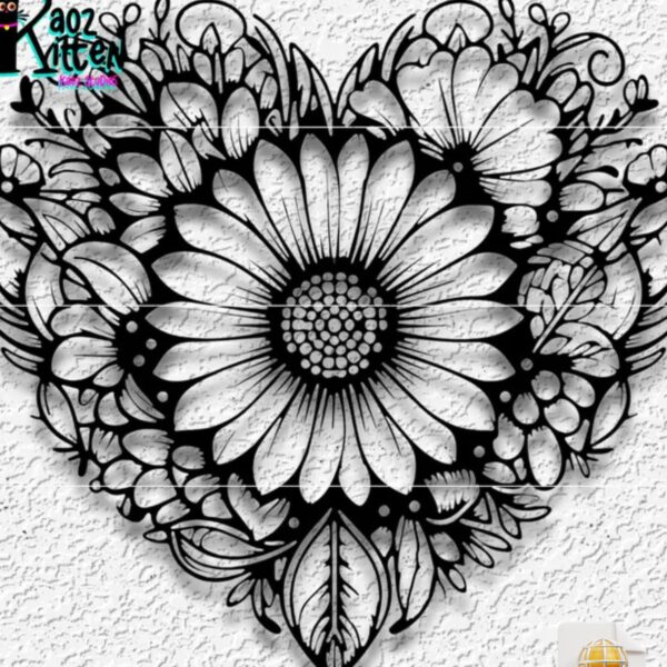Mandala Valentine's Day Heart with Sunflowers Wall Art STL File