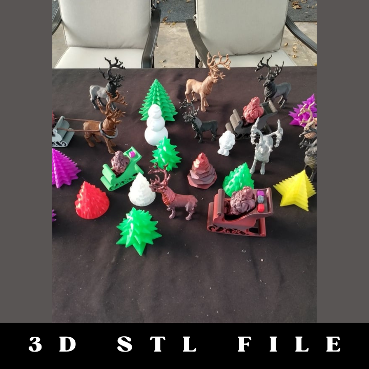 Christmas Santa Reindeer Sleigh Snowman and Trees STL File
