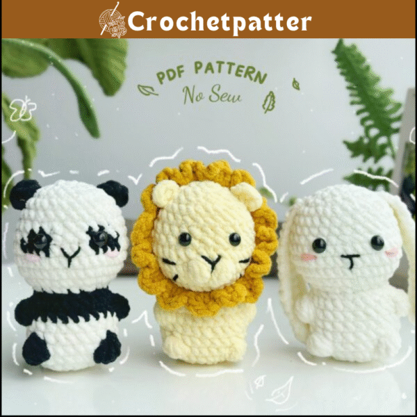 Zoo Animals No Sew Crochet Pattern - Panda, Rabbit, Lion Amigurumi
