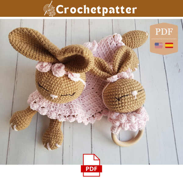 Crochet Pattern: Bunny Security Blanket & Rattle Amigurumi - 2 Pack with PDF English and Spanish Tutorials